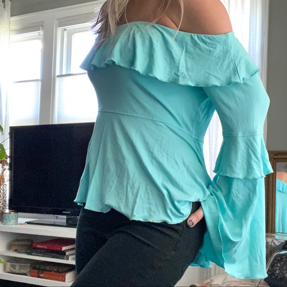 Boston Proper Tops - BOSTON PROPER Aqua Blue Ruffle Sleeve Off Shoulder Top